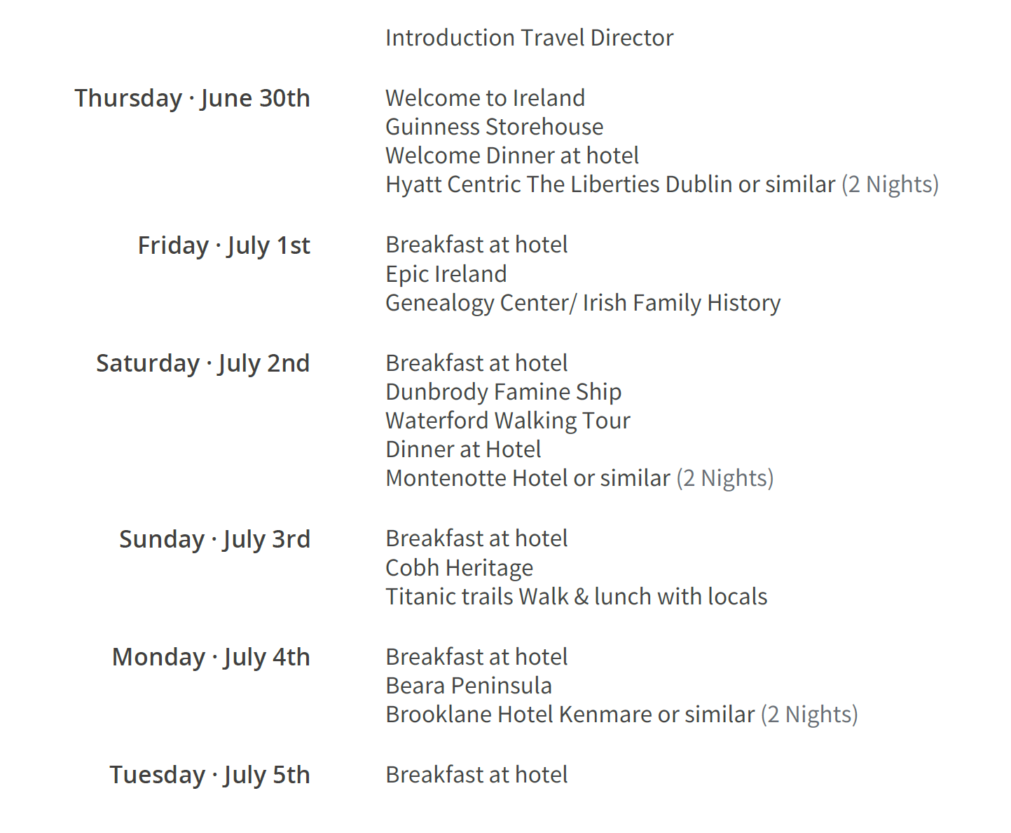 Ireland Heritage Tour Itinerary